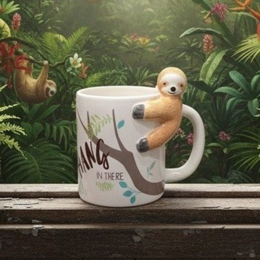 Sloth 'Hang in There' Coffee Cup, 3D Figurine White Novelty Mug, Drinkware
